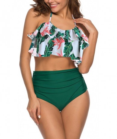 Tankinis Women High Waisted Swimsuit Two Piece Ruffled Flounce Top with Ruched Bottom - 27floral Green - CO18RNTQO6N $47.81