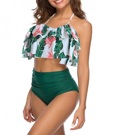 Tankinis Women High Waisted Swimsuit Two Piece Ruffled Flounce Top with Ruched Bottom - 27floral Green - CO18RNTQO6N $47.81