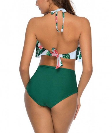 Tankinis Women High Waisted Swimsuit Two Piece Ruffled Flounce Top with Ruched Bottom - 27floral Green - CO18RNTQO6N $47.81