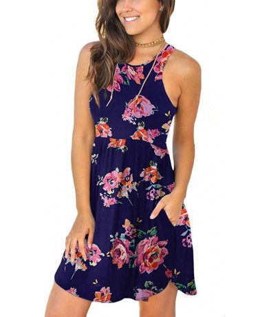 Cover-Ups Women's Summer Casual T Shirt Sundress Swimsuit Cover Ups with Pockets - Fl Pink Navy - CU18S695X5Q $47.56