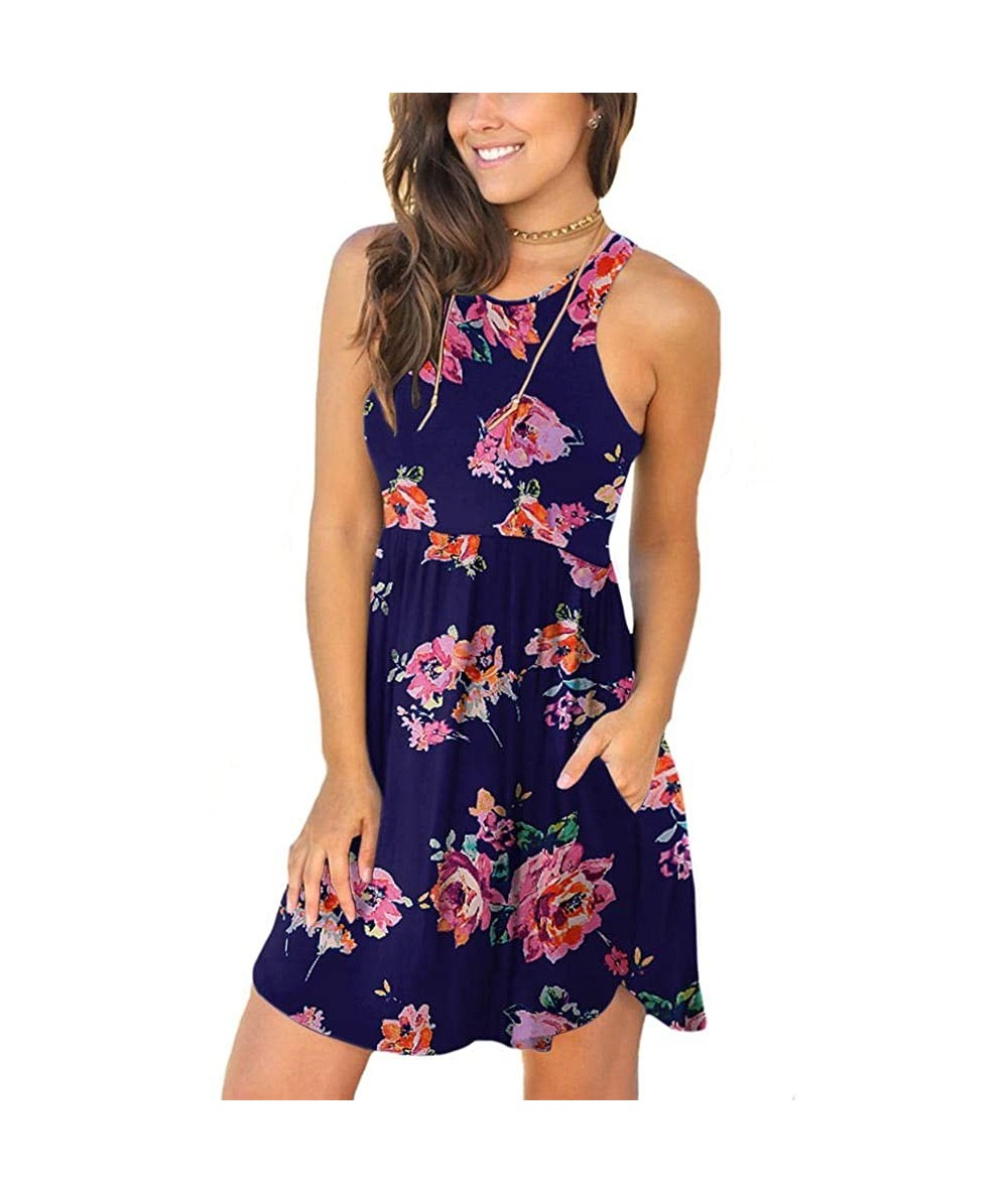 Cover-Ups Women's Summer Casual T Shirt Sundress Swimsuit Cover Ups with Pockets - Fl Pink Navy - CU18S695X5Q $47.56