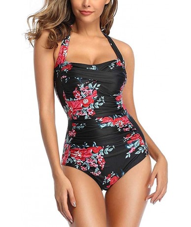 Tops Women One Piece Swimsuit Off Shoulder Pleaed Padded Halter Bathing Suit High Cut Monokini Swimwear - Red Floral - CD196E...