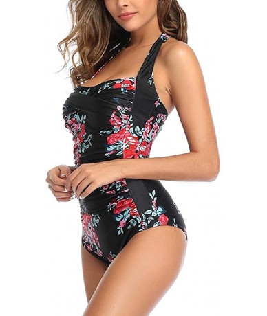 Tops Women One Piece Swimsuit Off Shoulder Pleaed Padded Halter Bathing Suit High Cut Monokini Swimwear - Red Floral - CD196E...