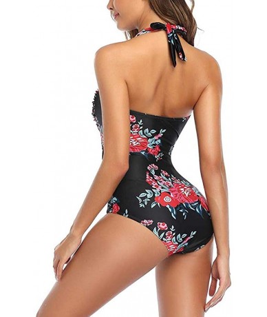 Tops Women One Piece Swimsuit Off Shoulder Pleaed Padded Halter Bathing Suit High Cut Monokini Swimwear - Red Floral - CD196E...