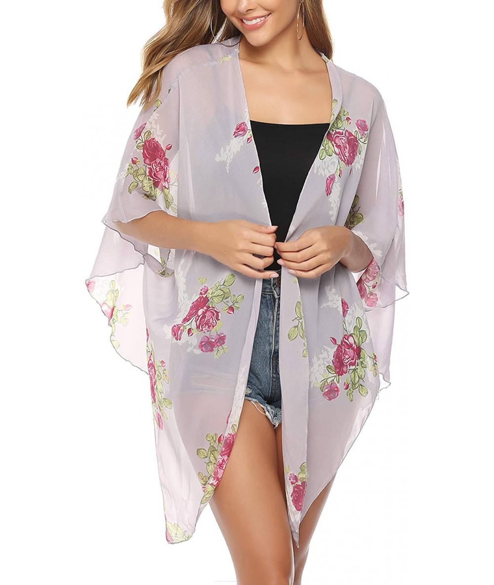 Cover-Ups Women's Lightweight Chiffon Cover Up Sheer Kimono 3/4 Sleeve Cardigan - Floral Print_1 - CF18TLKX7LT $32.96