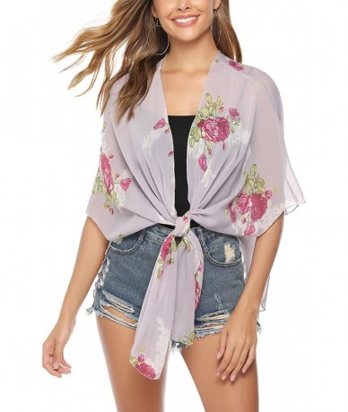 Cover-Ups Women's Lightweight Chiffon Cover Up Sheer Kimono 3/4 Sleeve Cardigan - Floral Print_1 - CF18TLKX7LT $32.96