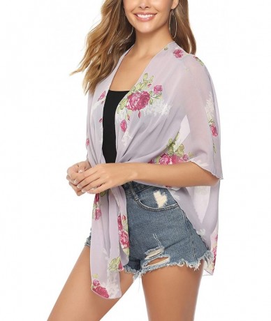 Cover-Ups Women's Lightweight Chiffon Cover Up Sheer Kimono 3/4 Sleeve Cardigan - Floral Print_1 - CF18TLKX7LT $32.96