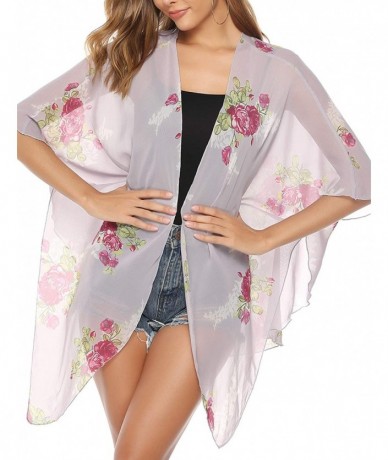 Cover-Ups Women's Lightweight Chiffon Cover Up Sheer Kimono 3/4 Sleeve Cardigan - Floral Print_1 - CF18TLKX7LT $32.96