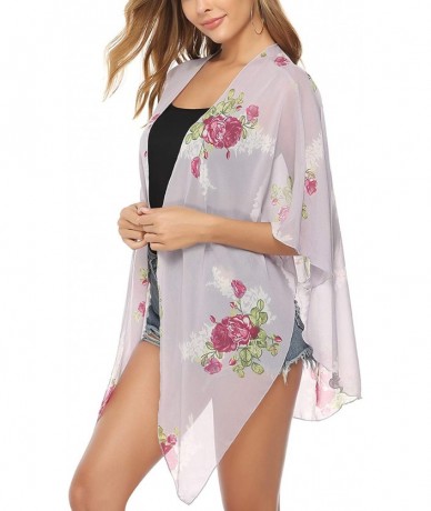 Cover-Ups Women's Lightweight Chiffon Cover Up Sheer Kimono 3/4 Sleeve Cardigan - Floral Print_1 - CF18TLKX7LT $32.96