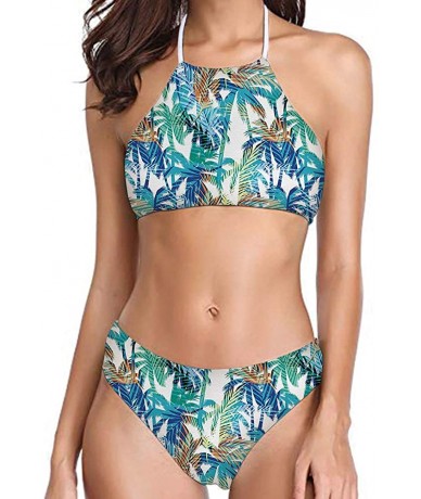 Sets Womens Forest Palm Leaves Sunflower Printing High Neck Halter Bikini Set Swimsuit XS-2XL - Pattern-7 - CF194RY878T $45.41