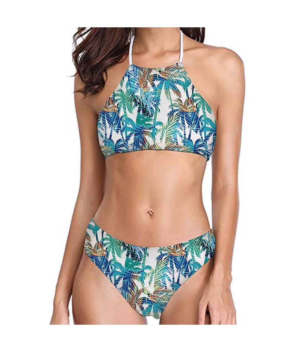 Sets Womens Forest Palm Leaves Sunflower Printing High Neck Halter Bikini Set Swimsuit XS-2XL - Pattern-7 - CF194RY878T $45.41