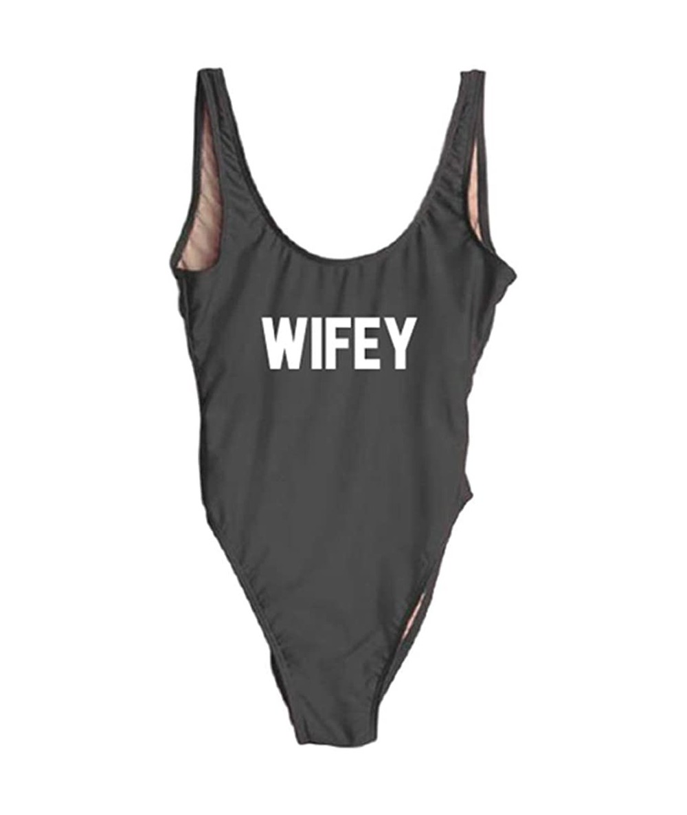 Racing Wifey One Piece Swimsuit Women Swimwear High Cut Low Back Bathing Suit Girls Beach Wear Monokini Wifey02 black wh - C4...