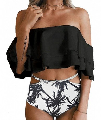 Sets Women Bathing Suit 2pc Sets Ruffled Off Shoulder Bikini Top Print Cut Out Shorts - B-black - CV18T2O73TQ $63.94