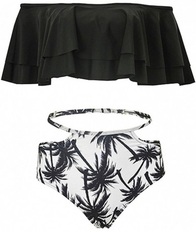 Sets Women Bathing Suit 2pc Sets Ruffled Off Shoulder Bikini Top Print Cut Out Shorts - B-black - CV18T2O73TQ $63.94