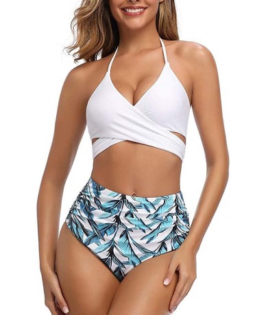 Sets Women Adorable Tummy Bikini Set Coastal Blue Swimwear - Comfy Cute Bathing Suit High Waist Swimsuit - White 1 - CB1947HL...