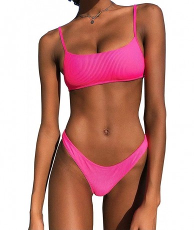 Sets Women's 2 Pieces Push Up Swimsuit V Bottom Style Bikini Bottom Bra Sport Sets - Florescent Light Rose - CJ18U8O6446 $34.13