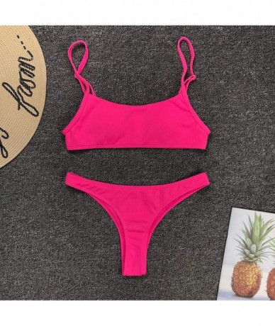 Sets Women's 2 Pieces Push Up Swimsuit V Bottom Style Bikini Bottom Bra Sport Sets - Florescent Light Rose - CJ18U8O6446 $34.13