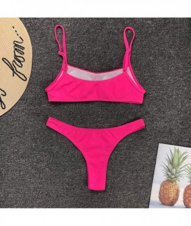 Sets Women's 2 Pieces Push Up Swimsuit V Bottom Style Bikini Bottom Bra Sport Sets - Florescent Light Rose - CJ18U8O6446 $34.13