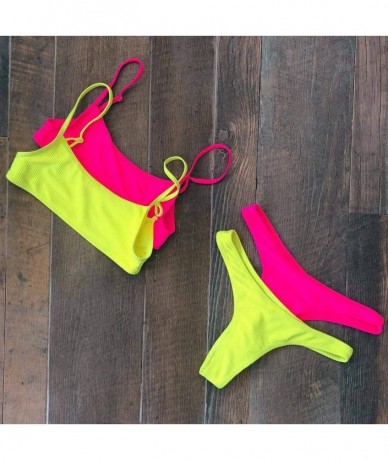 Sets Women's 2 Pieces Push Up Swimsuit V Bottom Style Bikini Bottom Bra Sport Sets - Florescent Light Rose - CJ18U8O6446 $34.13