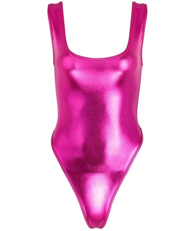 One-Pieces Women's Shiny Metallic One Piece Swimsuit Bikini Thong Swimwear Beachwear - Rose Red - CL17X6KUESI $19.77