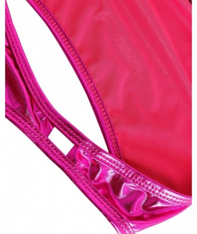 One-Pieces Women's Shiny Metallic One Piece Swimsuit Bikini Thong Swimwear Beachwear - Rose Red - CL17X6KUESI $19.77