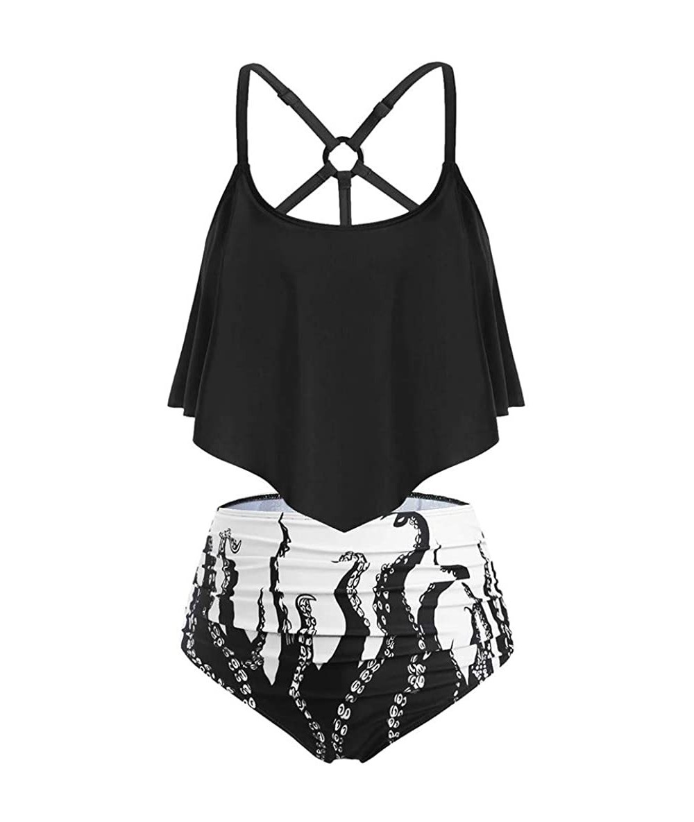 Sets Octopus Print Tankini Swimsuits for Women Tummy Control Swimming Bathing Suit Bikini Set Swimwear - B-black - CV1903MY76...