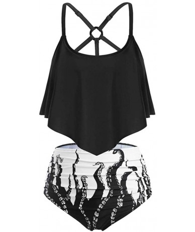 Sets Octopus Print Tankini Swimsuits for Women Tummy Control Swimming Bathing Suit Bikini Set Swimwear - B-black - CV1903MY76...