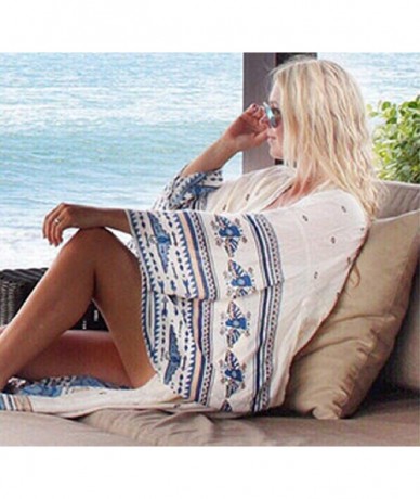 Cover-Ups Women's Flowy Open Front Swimsuit Cover Ups Print Beach Kimono - White Blue - CT18ZUNAWYO $38.35