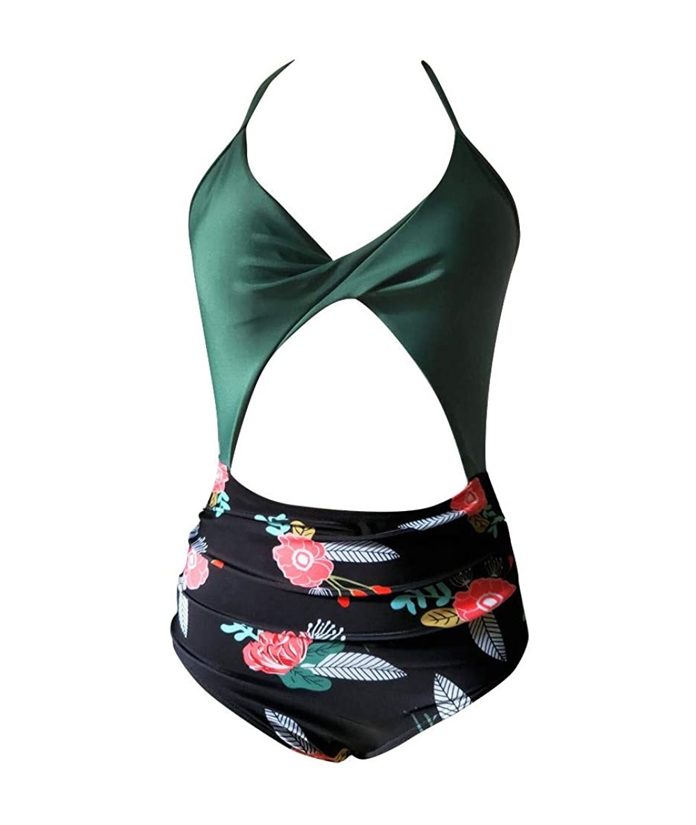 One-Pieces Women's Sexy Criss Cross High Waisted Cut Out One Piece Monokini Swimsuit - Green - CL194RI4I7D $27.26