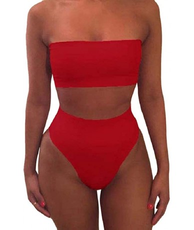 Sets Women's Bandeau Thong High Waisted Bikini 2 Piece Swimsuit Removable Strap - Red - CC1890ERCHC $35.75