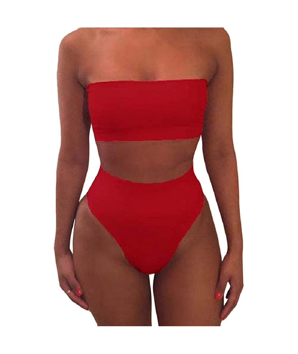 Sets Women's Bandeau Thong High Waisted Bikini 2 Piece Swimsuit Removable Strap - Red - CC1890ERCHC $35.75