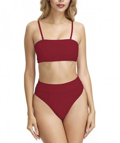 Sets Women's Bandeau Thong High Waisted Bikini 2 Piece Swimsuit Removable Strap - Red - CC1890ERCHC $35.75