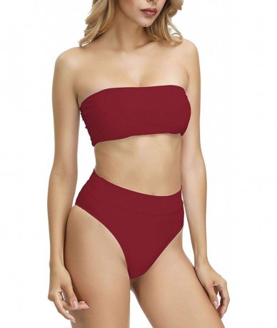 Sets Women's Bandeau Thong High Waisted Bikini 2 Piece Swimsuit Removable Strap - Red - CC1890ERCHC $35.75