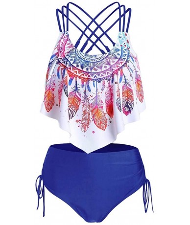 Rash Guards Two Piece Swimsuits for Women Overlay Print Flowy Tankini Crisscross Tankini Swimwear Plus Size Bathing Suits Blu...