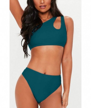 Sets Women's Bikini Set Cutout One Shoulder High Waist Two Piece Swimsuit - Emerald Green - C318RK50TOG $44.34