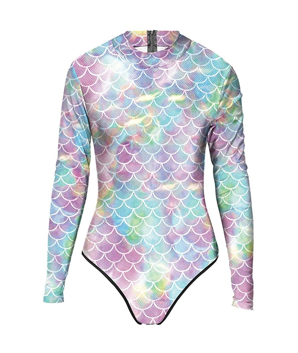 One-Pieces Womens Long Sleeve Zip UV Protection Printed Zipper Surfing One Piece Swimsuit Bathing Suit - A-scale - CC18Q8UWNZ...