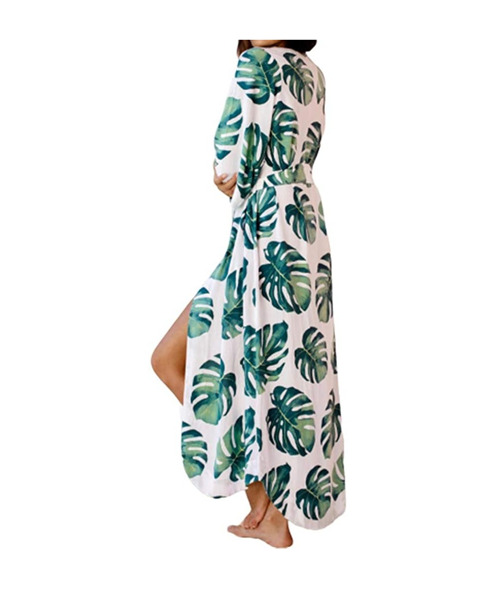 Cover-Ups Women Vacation Swimsuit Cover Up Green Tropical Leaves Open Front - C819E7SIDME $31.47