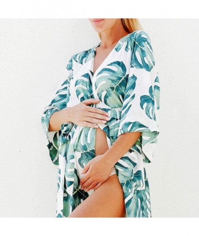 Cover-Ups Women Vacation Swimsuit Cover Up Green Tropical Leaves Open Front - C819E7SIDME $31.47