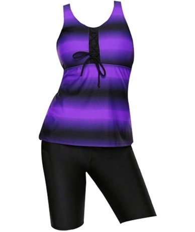 Racing Womens Racerback Color Block Print Plus Size Tankini Swimsuits with Swim Capris M-XXXXL - Purple - CI18NXTM09E $35.29