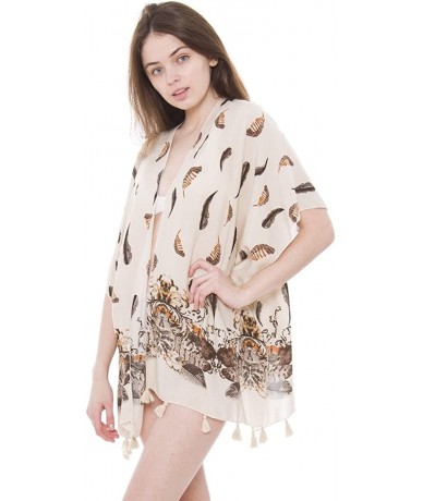 Cover-Ups Boho Kimono Cardigan Blouse Top Summer Evening Cover-up - Beige Feather Print - CD18DZDDZ7C $22.64