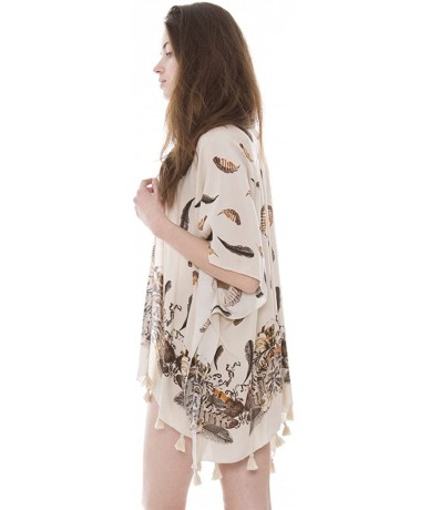 Cover-Ups Boho Kimono Cardigan Blouse Top Summer Evening Cover-up - Beige Feather Print - CD18DZDDZ7C $22.64