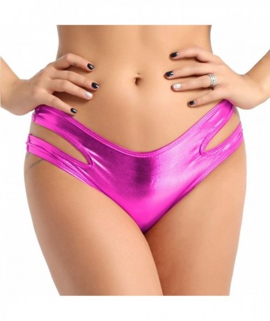 Bottoms Women's Wet Look Liquid Hollow Out Bikini Bottoms Side Straps Mini Briefs Booty Shorts - Rose - CS18L8HXW43 $28.52