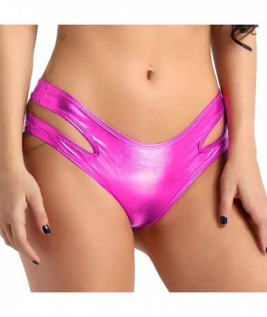 Bottoms Women's Wet Look Liquid Hollow Out Bikini Bottoms Side Straps Mini Briefs Booty Shorts - Rose - CS18L8HXW43 $28.52