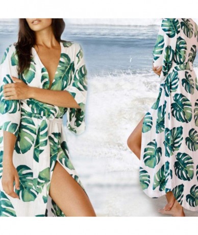 Cover-Ups Women Vacation Swimsuit Cover Up Green Tropical Leaves Open Front - C819E7SIDME $31.47