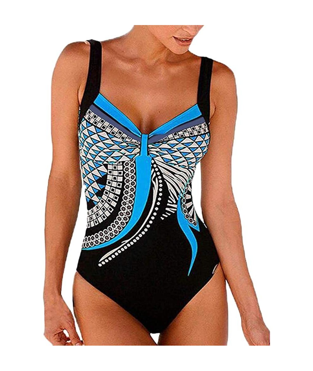 Sets 2020 Floral Triangular Geometry V Neck One-Piece Backless Swimwear - Blue_97 - CX18U5H3Q7L $31.92