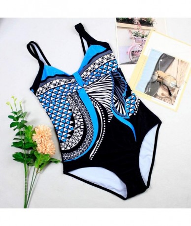 Sets 2020 Floral Triangular Geometry V Neck One-Piece Backless Swimwear - Blue_97 - CX18U5H3Q7L $31.92