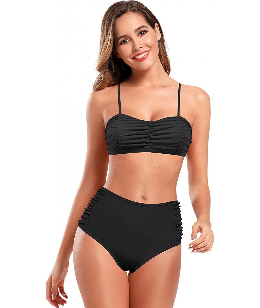 Sets Women Push up Shirred Two Piece Swimsuit High Waist Bikini Swimwear - Black - CC198OM7AYW $49.41