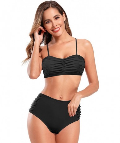 Sets Women Push up Shirred Two Piece Swimsuit High Waist Bikini Swimwear - Black - CC198OM7AYW $49.41