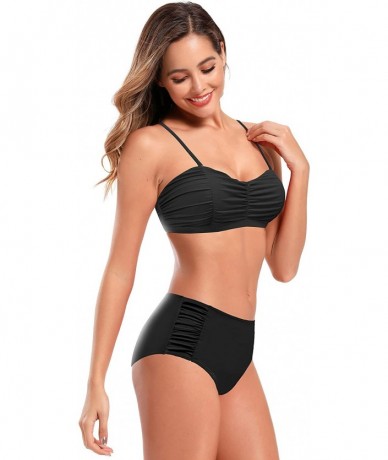 Sets Women Push up Shirred Two Piece Swimsuit High Waist Bikini Swimwear - Black - CC198OM7AYW $49.41