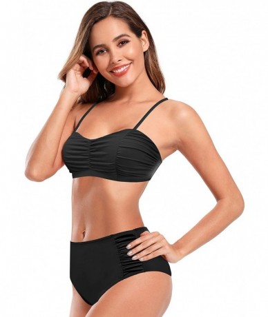 Sets Women Push up Shirred Two Piece Swimsuit High Waist Bikini Swimwear - Black - CC198OM7AYW $49.41